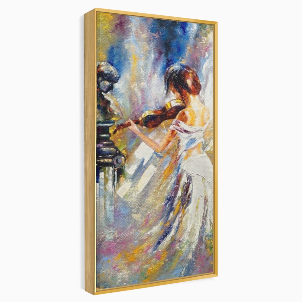 Tablou canvas cu pictura femeie cantand la vioara, in rama de aluminiu auriu